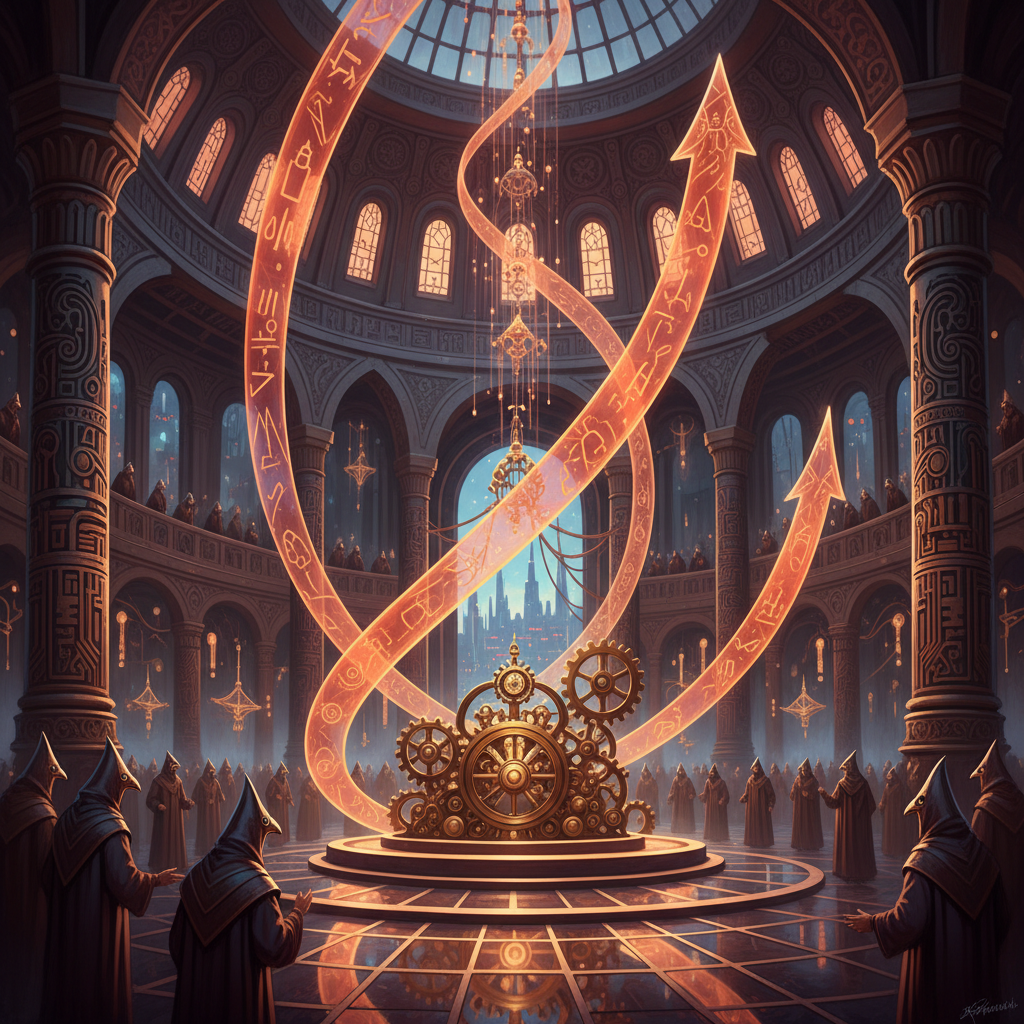 Hooded figures observe a glowing clockwork mechanism with swirling rune-covered light trails in a hall.