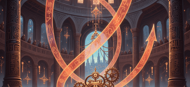 Hooded figures observe a glowing clockwork mechanism with swirling rune-covered light trails in a hall.