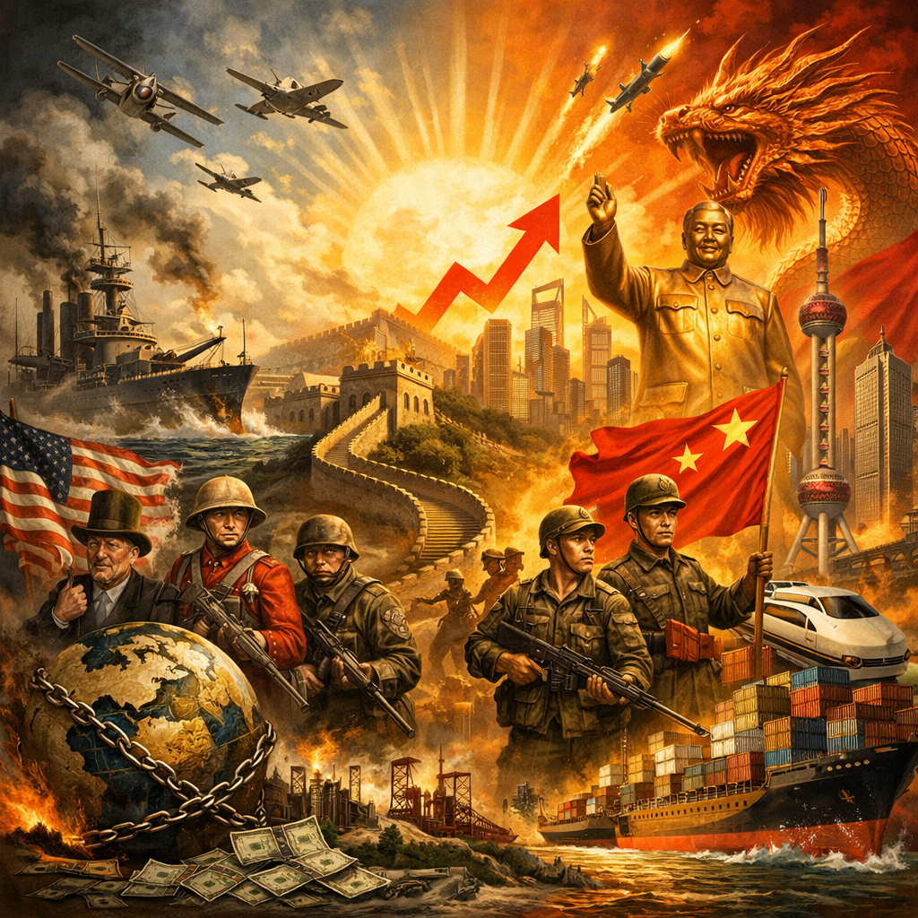 Illustration showing U.S. soldiers and flag, Chinese soldiers with flag, industrial scenes, historical ships, and a large statue with a dragon and growth arrow.