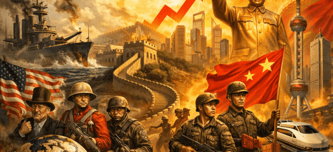 Illustration showing U.S. soldiers and flag, Chinese soldiers with flag, industrial scenes, historical ships, and a large statue with a dragon and growth arrow.