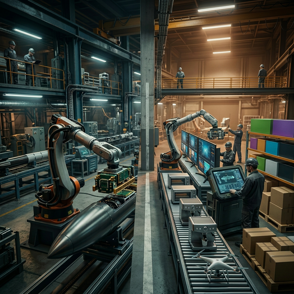 Robotic arms working on missile components and consumer electronics on separate assembly lines in a factory