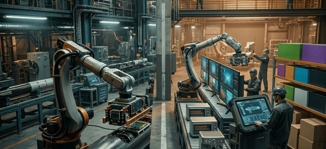 Robotic arms working on missile components and consumer electronics on separate assembly lines in a factory