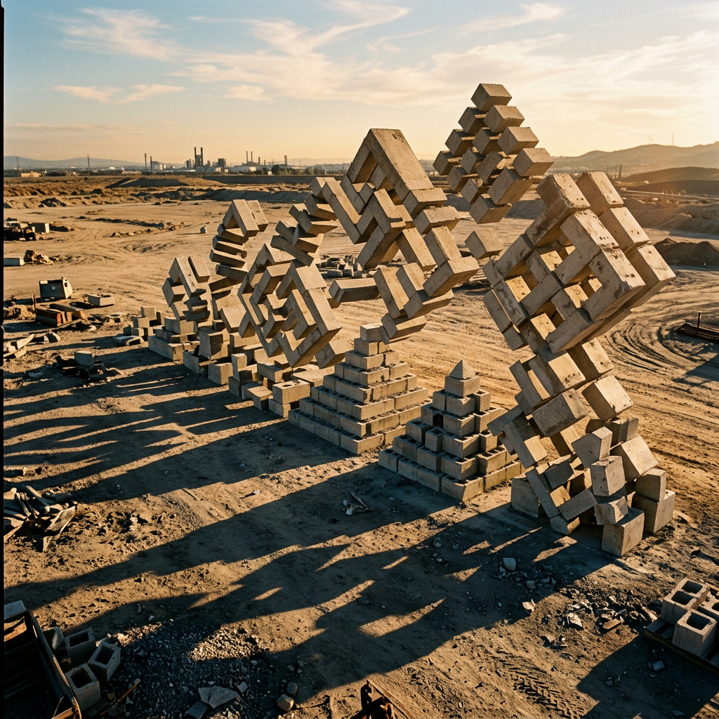 Abstract geometric sculpture made from interlocking concrete blocks on an open dusty site