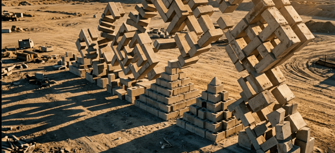 Abstract geometric sculpture made from interlocking concrete blocks on an open dusty site