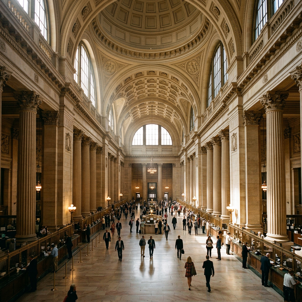 Large banking hall with high vaulted ceilings, ornate columns, and people walking