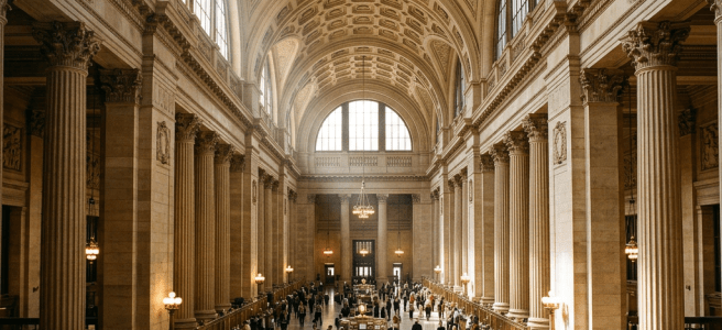Large banking hall with high vaulted ceilings, ornate columns, and people walking