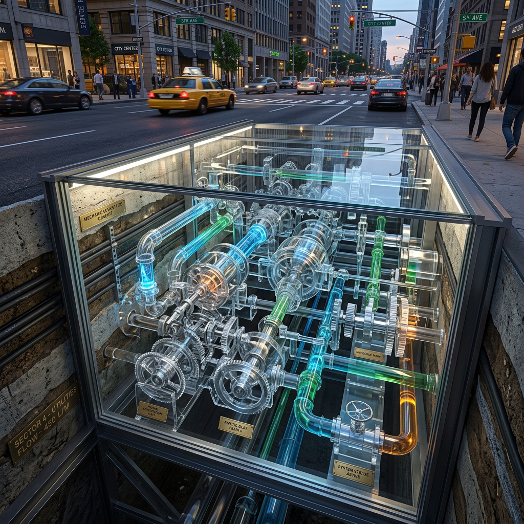 Glass enclosure displaying colorful underground utility pipes beneath a busy city avenue